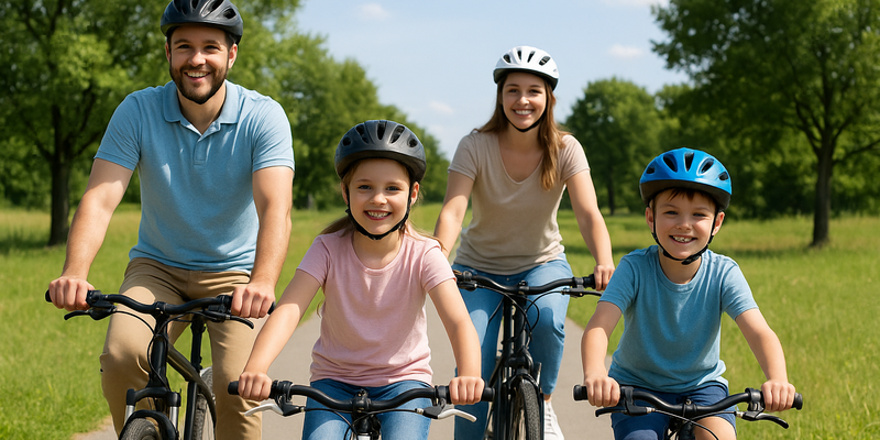 Ein freundliches Bild der Familie, die mit dem Fahrrad unterwegs ist.