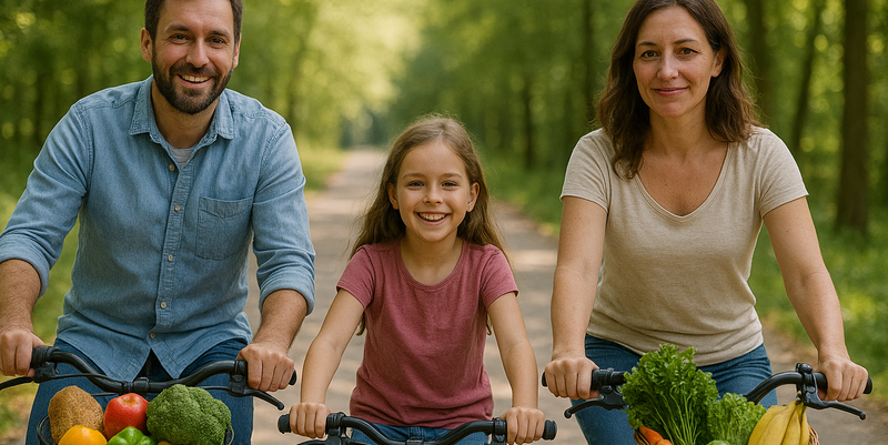 Eine Familie fährt auf Fahrrädern einen sonnigen Waldweg entlang. Der Vater und die Mutter fahren links und rechts, zwischen ihnen fährt ihre Tochter. In den Fahrradkörben der Eltern liegt buntes Obst und Gemüse. Alle lächeln entspannt in die Kamera und genießen die Fahrt im Grünen.