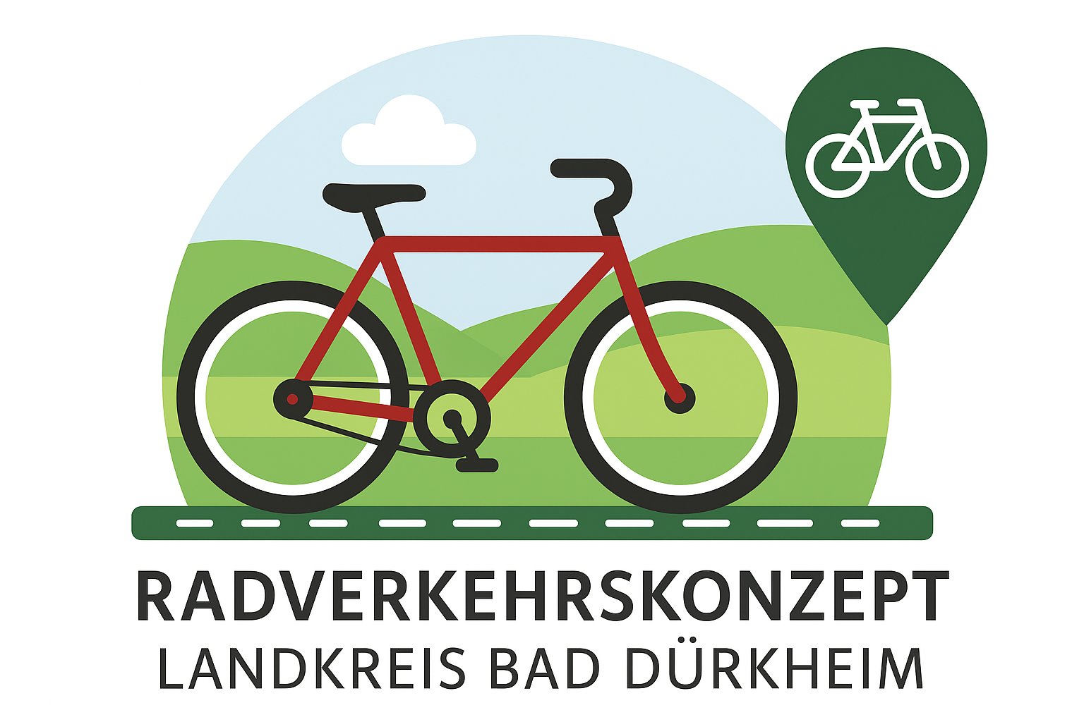 Illustration eines roten Fahrrads vor einer grünen Hügellandschaft mit blauem Himmel und einer weißen Wolke. Rechts oben ist ein grünes Standort-Symbol mit einem weißen Fahrrad abgebildet. Unterhalb des Bildes steht der Text: „Radverkehrskonzept Landkreis Bad Dürkheim“.